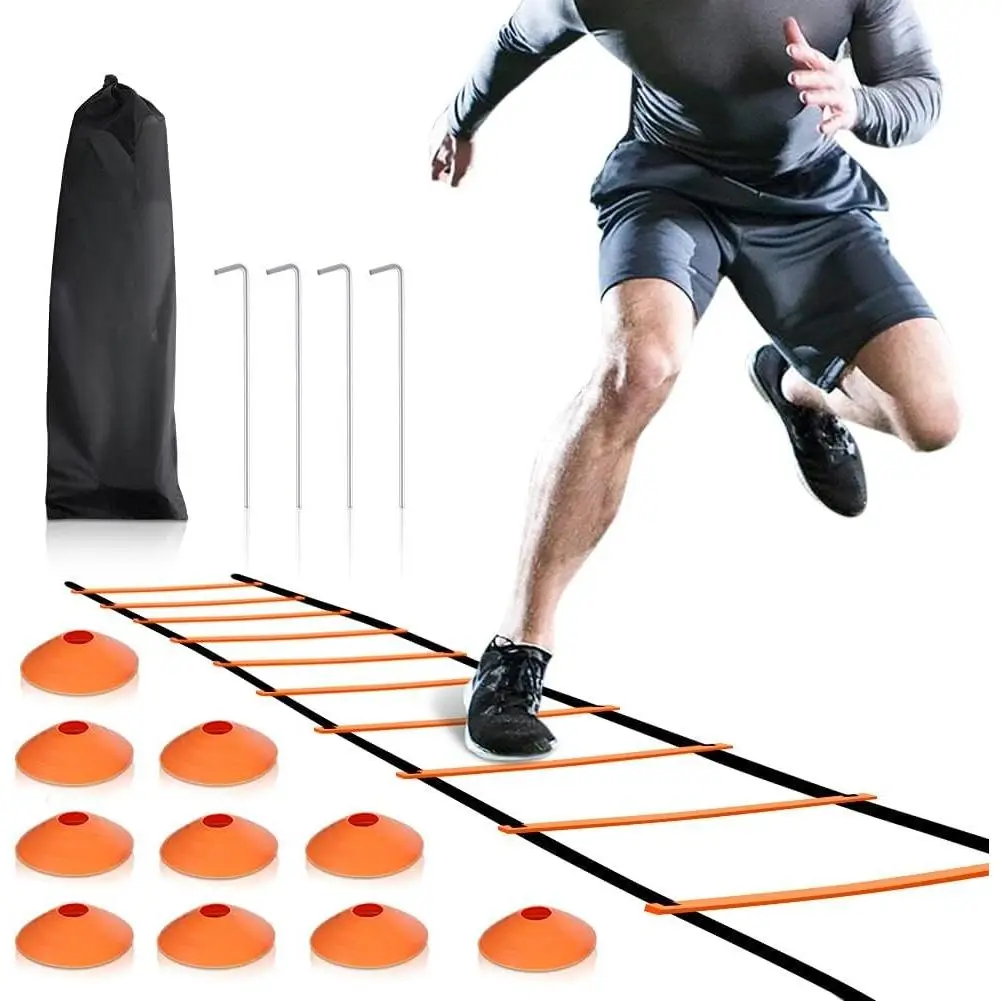 Agility Ladder and Cones 20  12 Adjustable Rungs Fitness Speed  Equipment,1 Carry Bags, 10 Cones, 4 Stakes, Basketball, Soccer