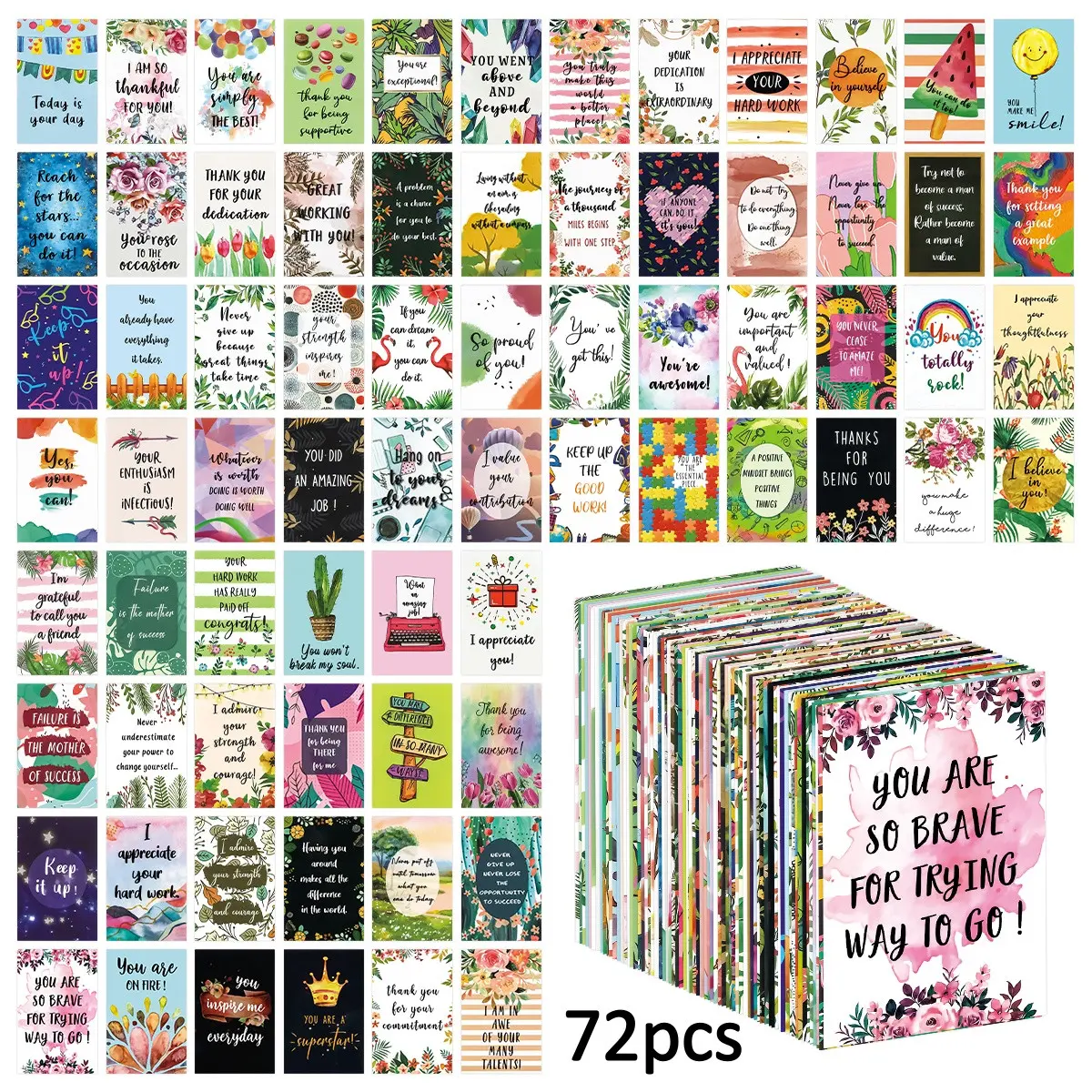 72pcs Daily Affirmation Cards, Inspirational Greeting Cards Assortment, Horizontal Cards - Inspirational and Encouragement Cards Designs For Positive Thinking, Self-Love, Uplifting Quotes and Motivational Messages, Compact Size, Easy Carrying