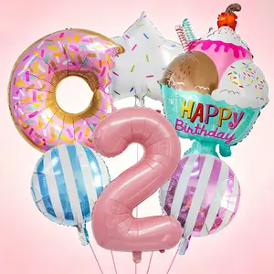 8-Piece Donut Ice Cream Theme Number Balloons Set, 32-Inch Aluminum Foil Balloons, Birthday Party Decor, Sweet Shop Opening Event