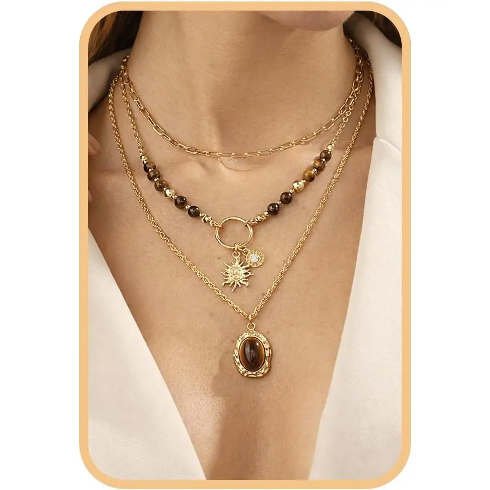 Women's 3-Piece Gold Layered Necklaces Set - Gold Necklace Women with Beading Detail, Tiger Eye Beaded Chains, Sun Charm Oval Pendant, Modern Western Y2K Vintage Boho Stacking Jewelry for Holiday Wear Gift