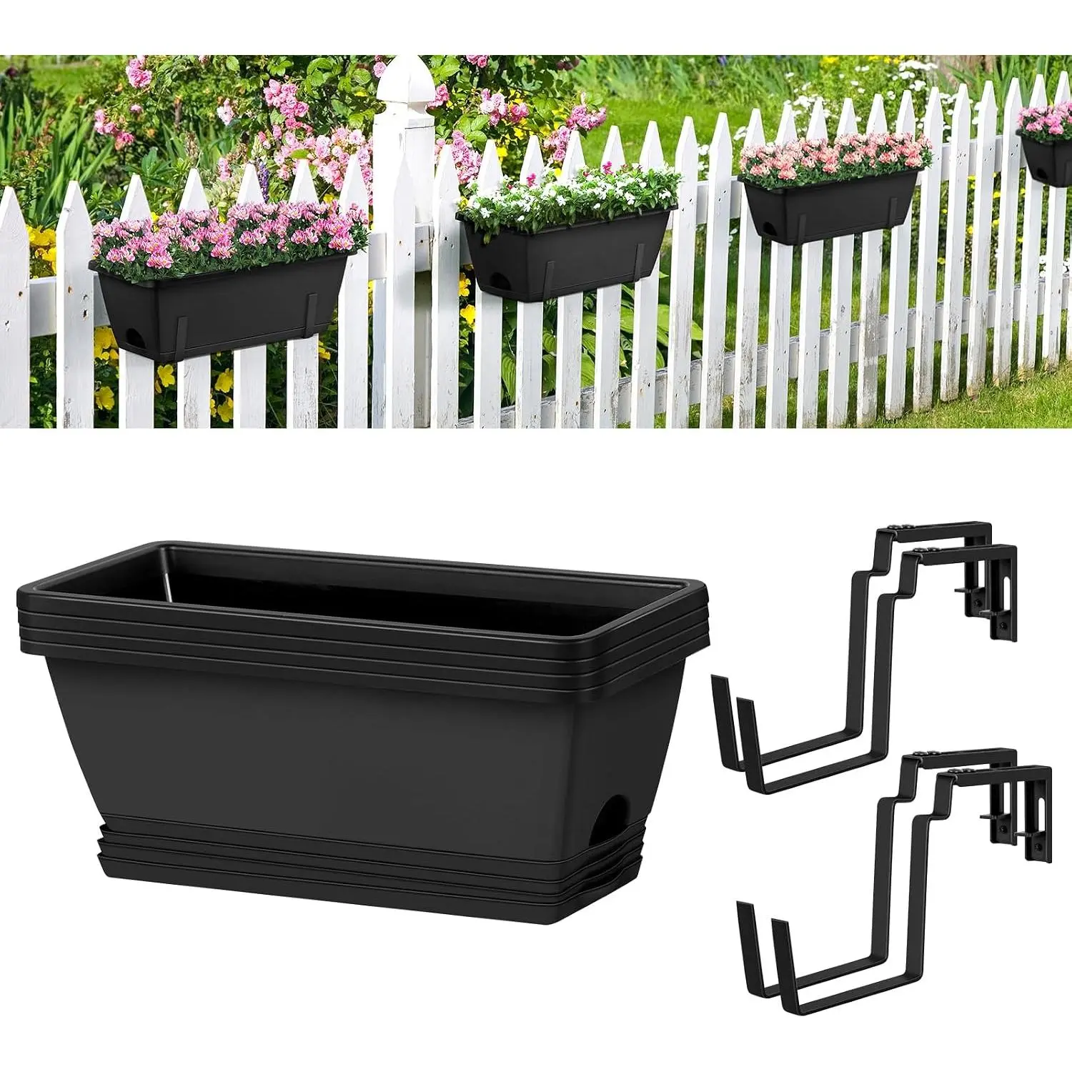 4 Pack Window Boxes Planters 17’’ Railing Planter Box with Adjustable Brackets, Deck Railing Hanging Flower Pots Rectangular Herb Planter for Outdoor Fence Garden, Balcony Decor