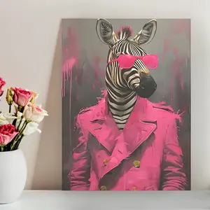 Chic Pink Zebra Portrait Canvas Art Print,  Frameless Vintage Wall Decor for Living Room, Bedroom, Office, Dining & Bar, Waterproof, Unique Creative Gift Idea, Perfect for Room Decor