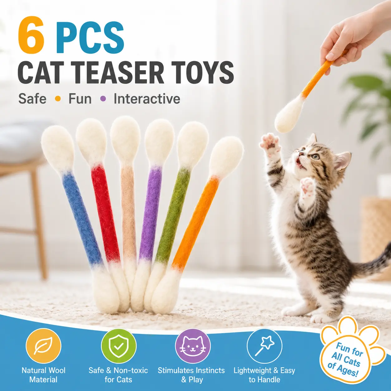 6 Pack Giant Cotton Swab Shaped Cat Toys, Soft Felt Teething Sticks, Durable Interactive Indoor Kitten Chew Toys, Anxiety & Boredom Relief Pet Accessories, Dental Cleaning Play Toys for Daily Cat Entertainment-YY1