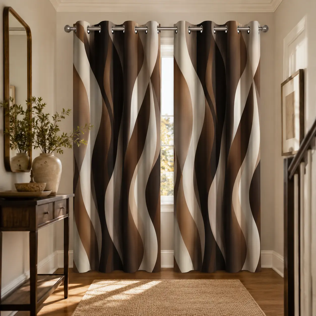 Non-Customised 42x84" Modern Brown Wave Print Semi-Sheer Polyester Drapes - Durable, Dustproof, Fade-Resistant Rod Pocket Window Treatments, Machine-Wash for Living Room Room Decor