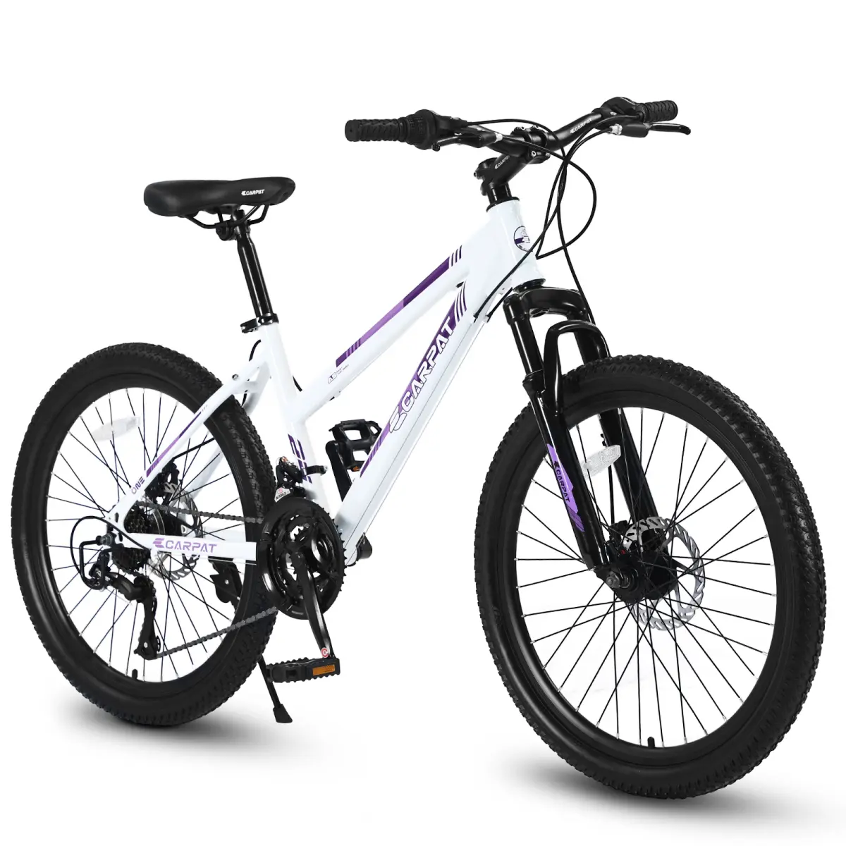 Classic Women's 24-in Mountain Bike - Shimano 21 Speeds, 24" Tires, Steel Frame, Dual Disc Brakes, 100mm Front Suspension, Shift Handle, Ergonomic Design, Lower Standover Height, Hardtail, White/Pink, for On-Road Riding, Rubber Tires
