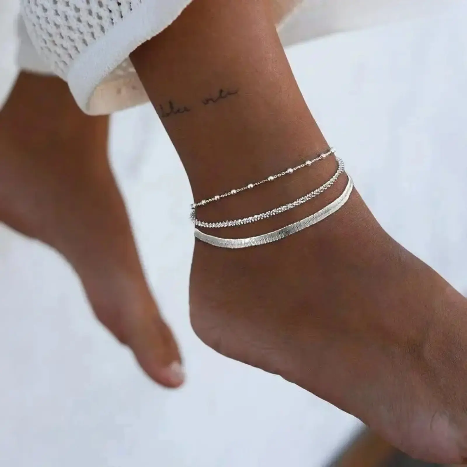 Women's Silver Ankle Bracelets - Dainty Layered Waterproof Herringbone Beaded Rope Chain Set, Adjustable Sparkly Double-Strand Mix-and-Match Anklets, Summer Beach Jewelry Gift