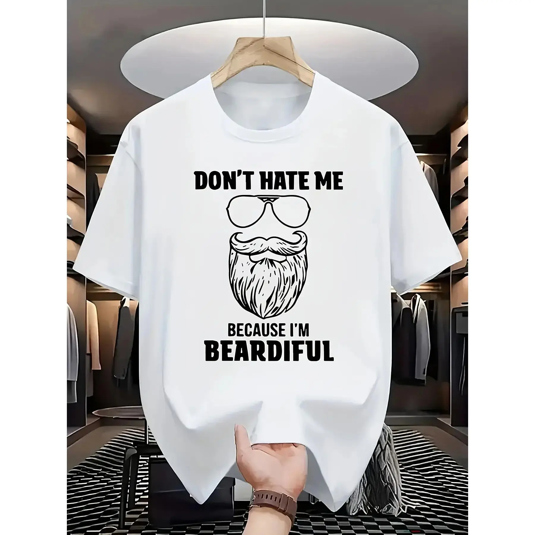 Unisex Short Sleeve Sports Top - Funny "Don't Hate Me Because I'm Beardiful" Beard Lover Graphic, Relaxed Fit, Sunglasses Beard Pun Slogan, Crew Neck, Cold Wash, Men's Gift, Unisex Sizes, Short Sleeve Tops