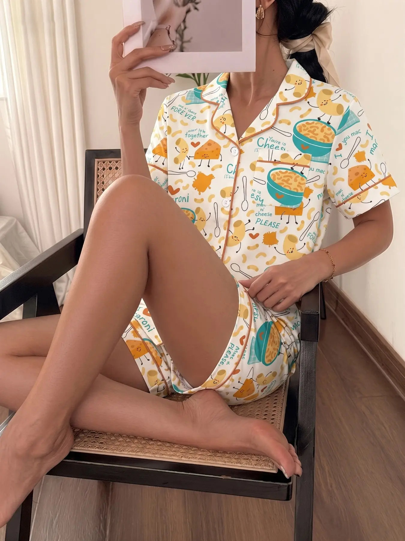 Women's Short Sleeve Pajama Set, Button Closure Top, Elastic Waist Shorts, Fun Food Print, Suitable for All Seasons, Casual Fitted Style, Nightwear, Loungewear, Pjs, Pyjamas, Pajamas Sets