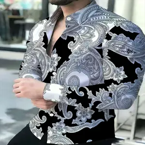 Men'S Blue And White Paisley Pattern Shirt Vintage Casual Long Sleeve Turn- Collar Shirt