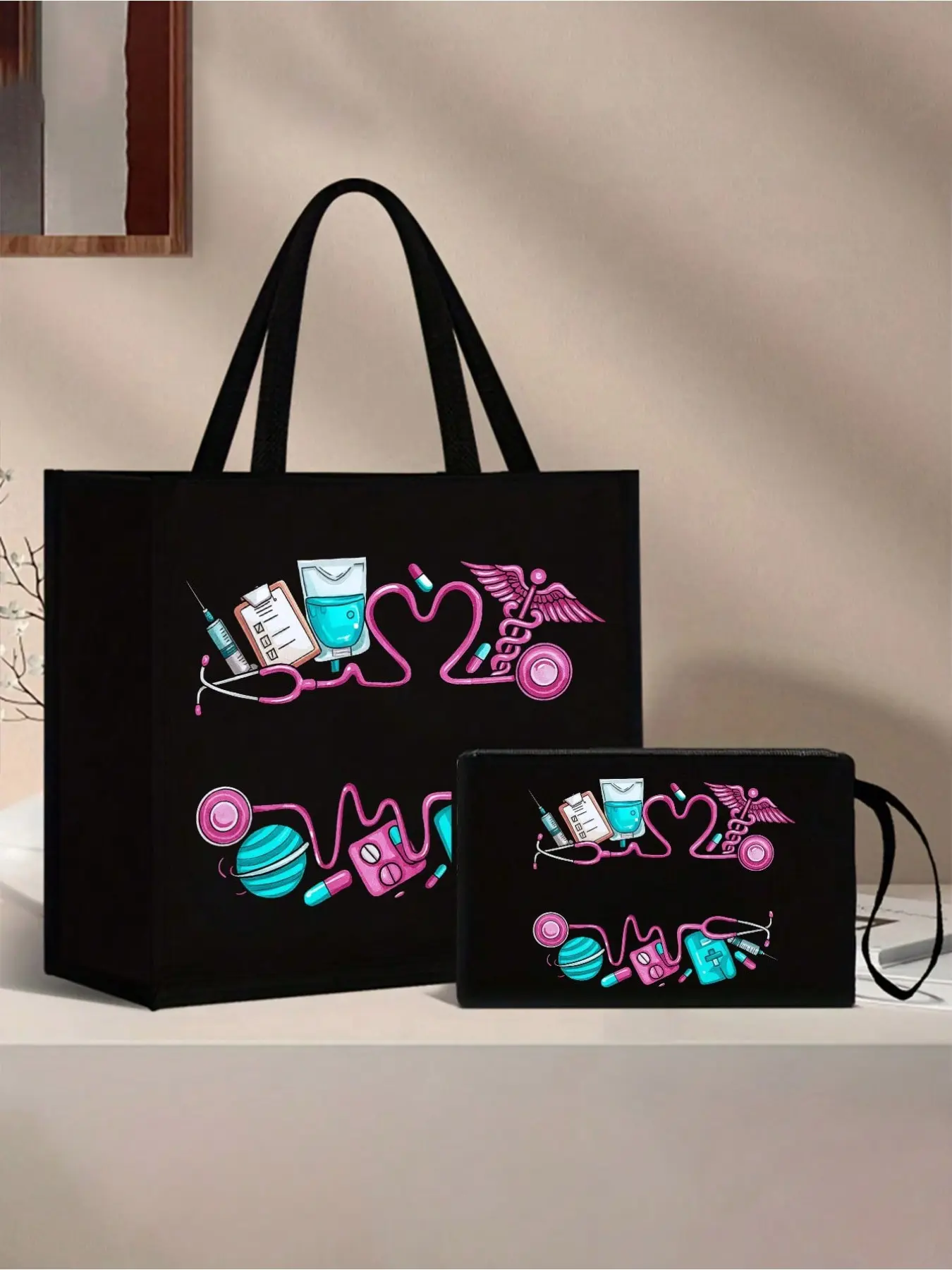 Medical-themed tote & coin purse set with stethoscope & heart prints, durable straps. Multi-purpose storage for cosmetics and medical supplies, perfect gift for nurses on birthdays, Christmas and Nurses Day.