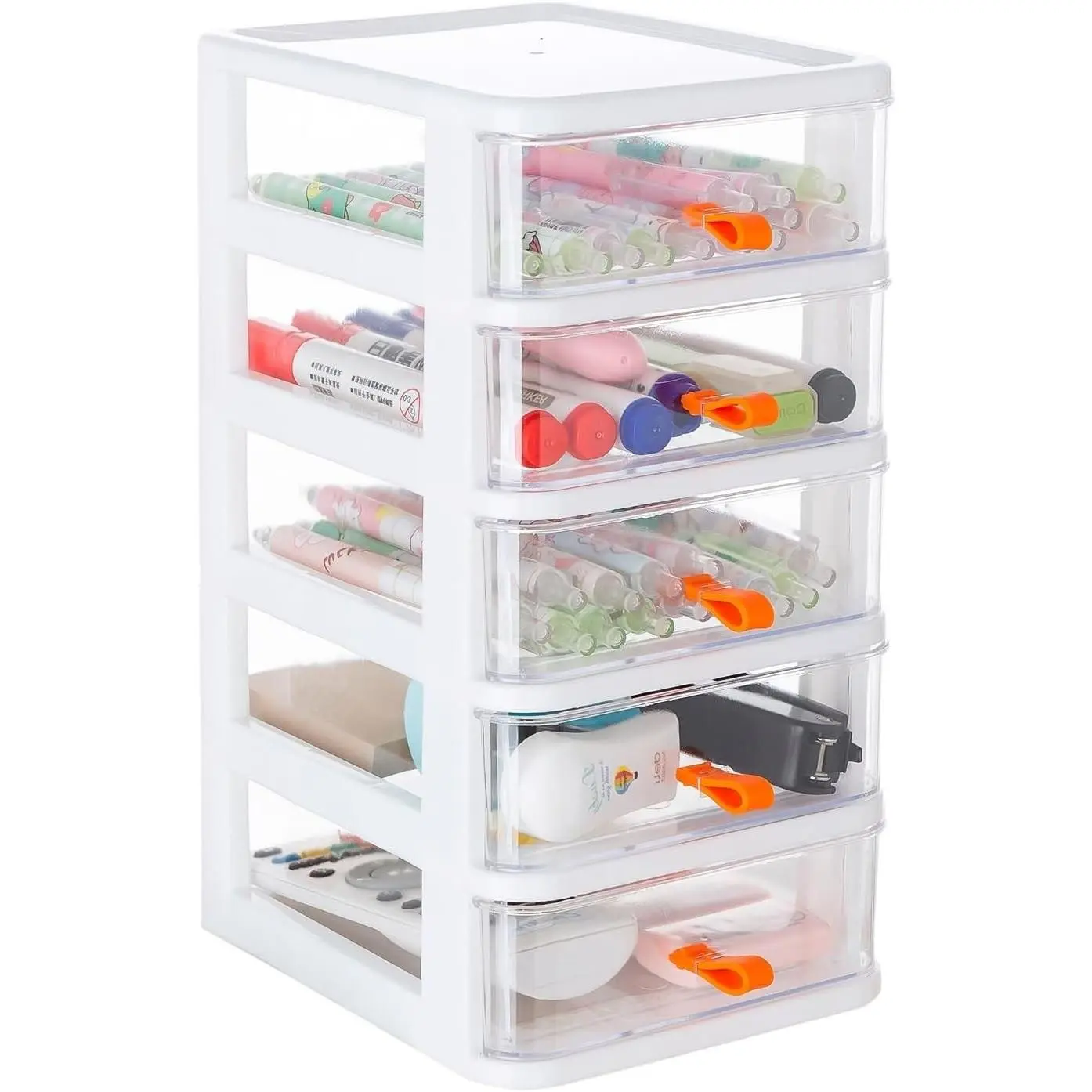 5-Drawer Mini Stackable Storage Drawers, Clear/White Frame - Plastic Dresser Organizer for Arts and Crafts, Small Tools, Sewing Accessories, Stationery and HardwareGift