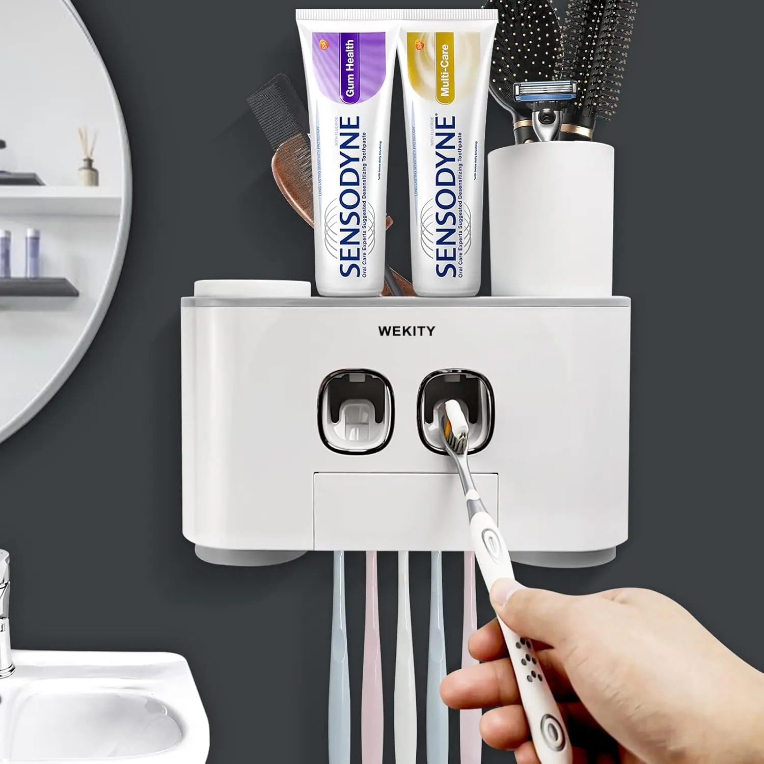 Toothbrush Holder Wall Mounted, Multi-Functional Toothbrush and Toothpaste Dispenser for, with 5 Toothbrush Slots, 2 Toothpaste Squeezers and 4 Cups(Grey)