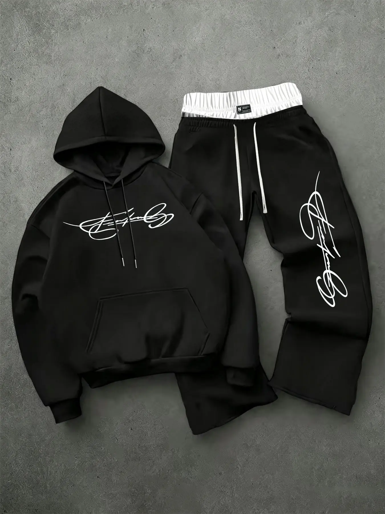 Men's Vintage Handwritten Signature Print Hoodie and Wide Leg Pants Set, Casual Fall Winter Streetwear, Fitted Sweatshirt with Kangaroo Pocket