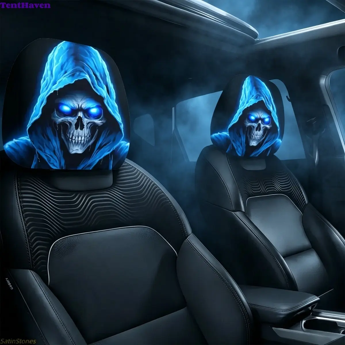 Blue Ghost Skull Car Headrest Covers (2-Pack), Cool Vehicle Accessories with Universal Fit and Stain Protection for Car Interior, Car Accessories Interior, Automotive Decorative Accessories