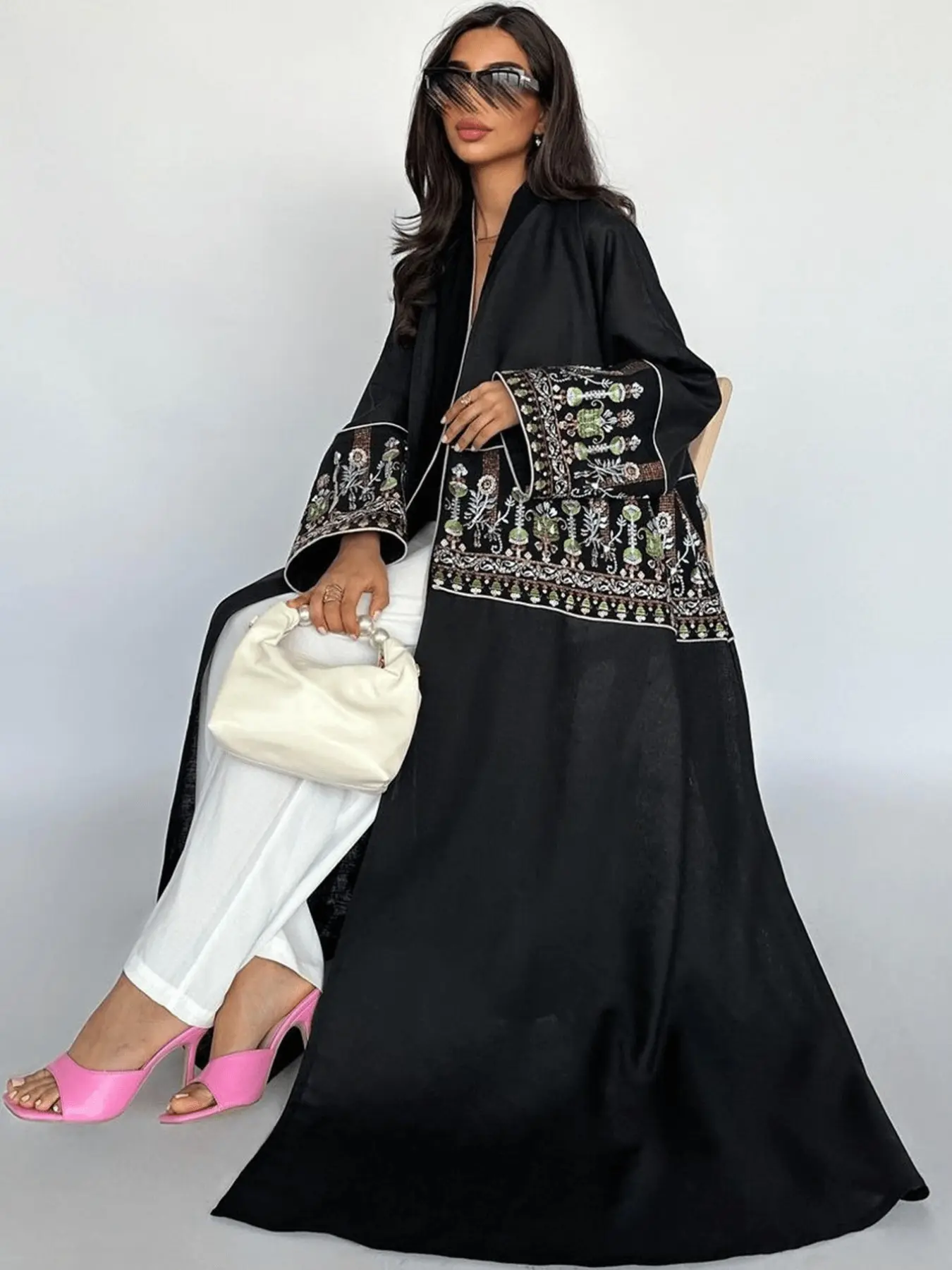 Hafizah Vintage Ethnic Floral Embroidered Long Cardigan, Loose-Fitting Wide Sleeve Outerwear, All Seasons Women's Fashion, Elegance, Embroidery