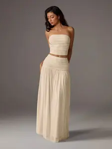 Women's Mesh Solid Color Halter Top and Long Dress Two-Piece Set, Elegant Evening Wear, Comfortable and Stylish