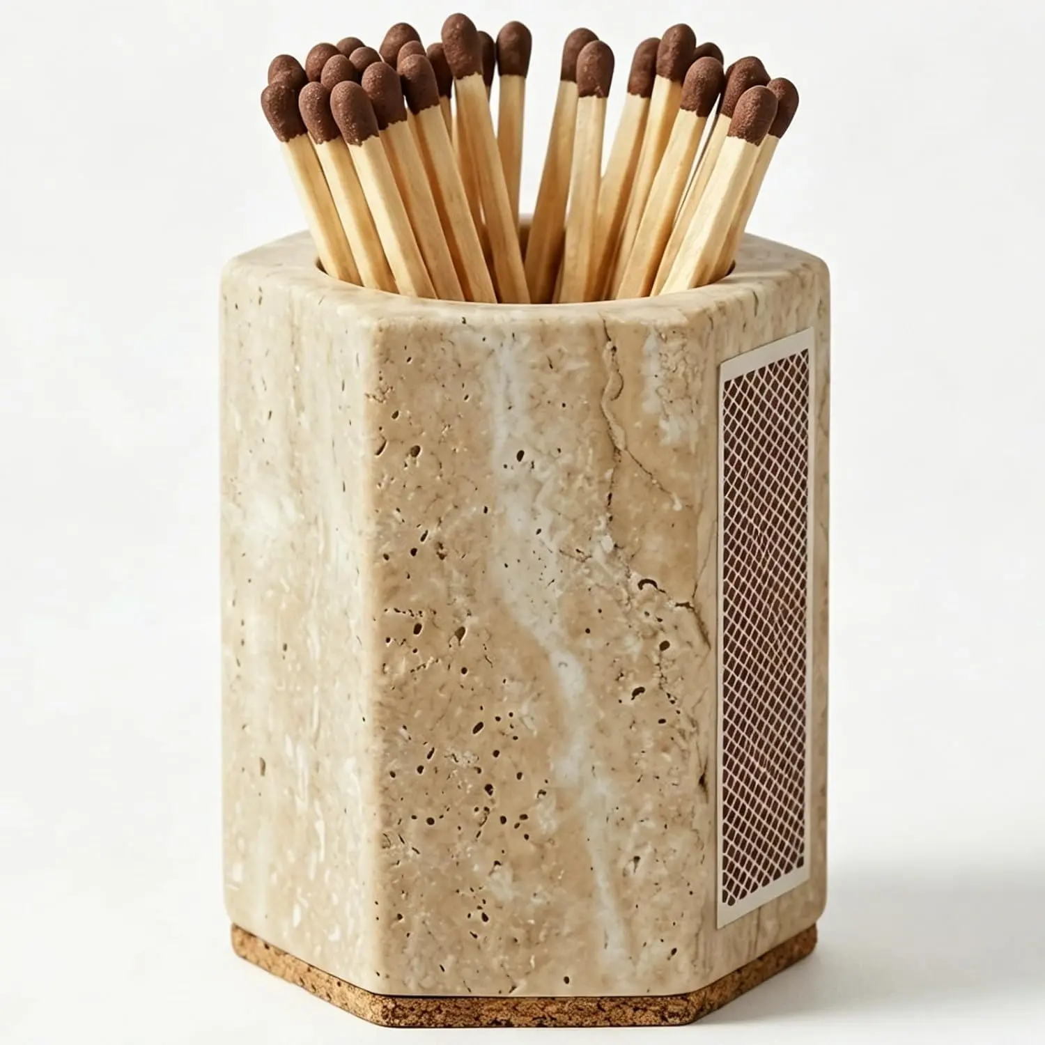 Hexagonal Travertine Match Holder with Striker, Large 3.2" x 2.6" Luxury Natural Stone Matches Jar with Cork Base, Decorative Matchstick Holder for Candle, Fireplace & Home Decor, Matches Not Included
