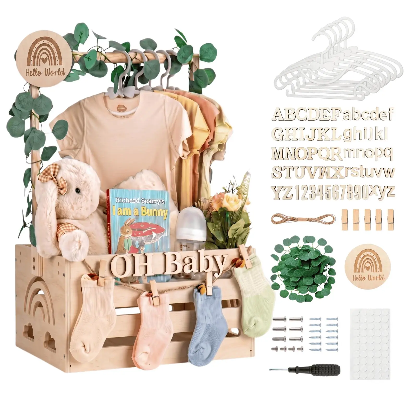 Wooden Baby Shower Gift Basket Crate with Clothes Rack - DIY Baby Gift Closet Kit with Hangers, Wooden Letters, Eucalyptus Garland & Announcement Sign for Newborn Nursery Storage Gender Neutral