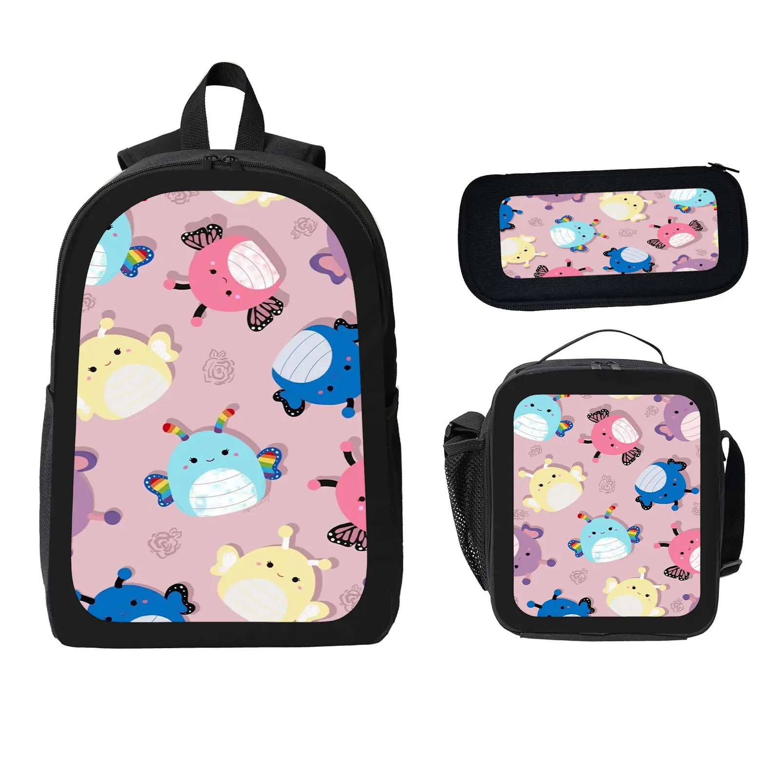 Squishmallows Unisex 3-Piece School Backpack Set Pack for Kids, Large Space Bookbag with Insulated Lunch Bag & Pencil Case, Water-Resistant Travel Days Daypack for Elementary-Middle School