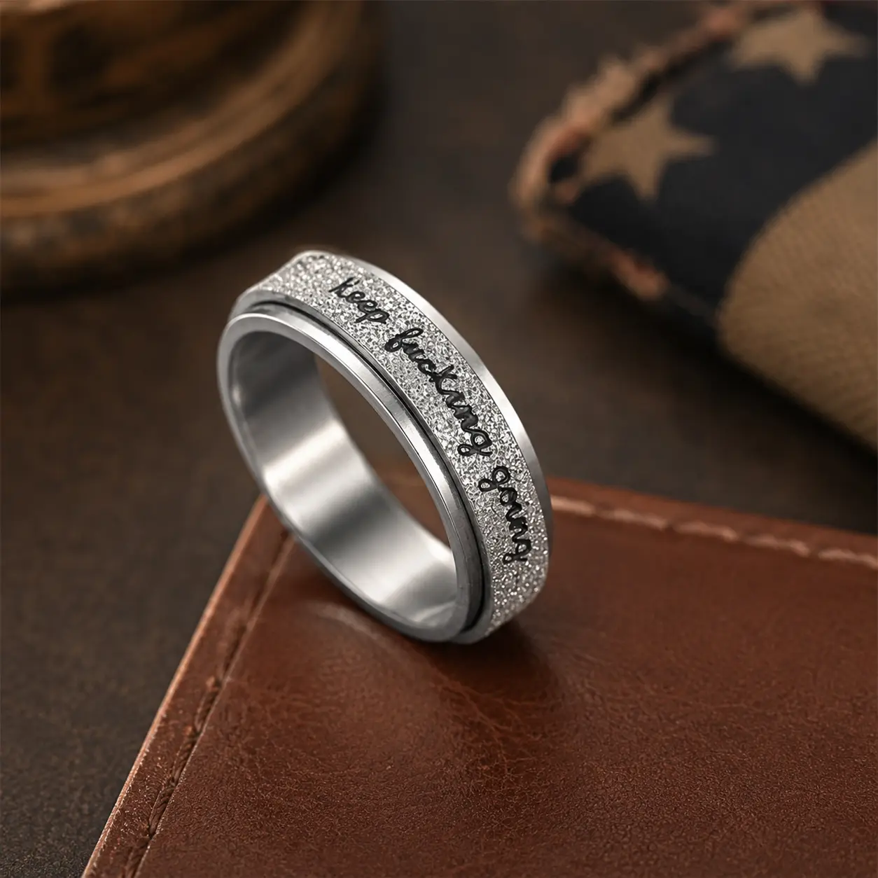 Stainless Steel Rotating Fidget Spinner Ring - "Keep Going" Letter Engrave, Rotating Band, Simple Look, Tactile Spin, Everyday Use Inspirational Jewelry Gift for Women