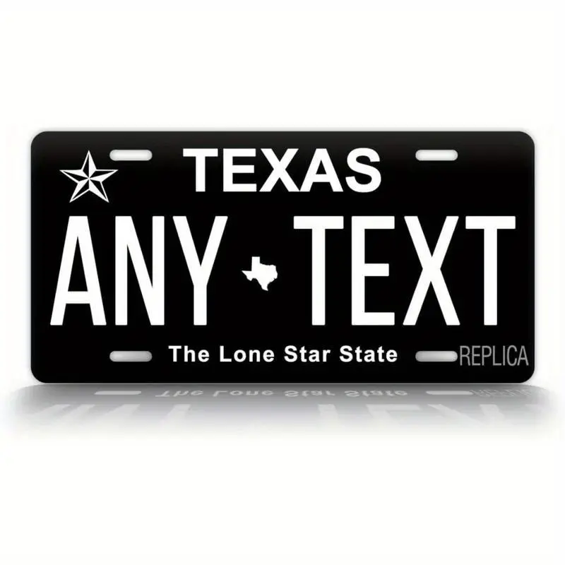 Custom Personalized Texas Black Aluminum Metal License Plate (29x14cm) - Universal Custom Front License Plate with Bright Colors, 4-Hole Design, Automotive Truck Accessory, Home Decor Plaque