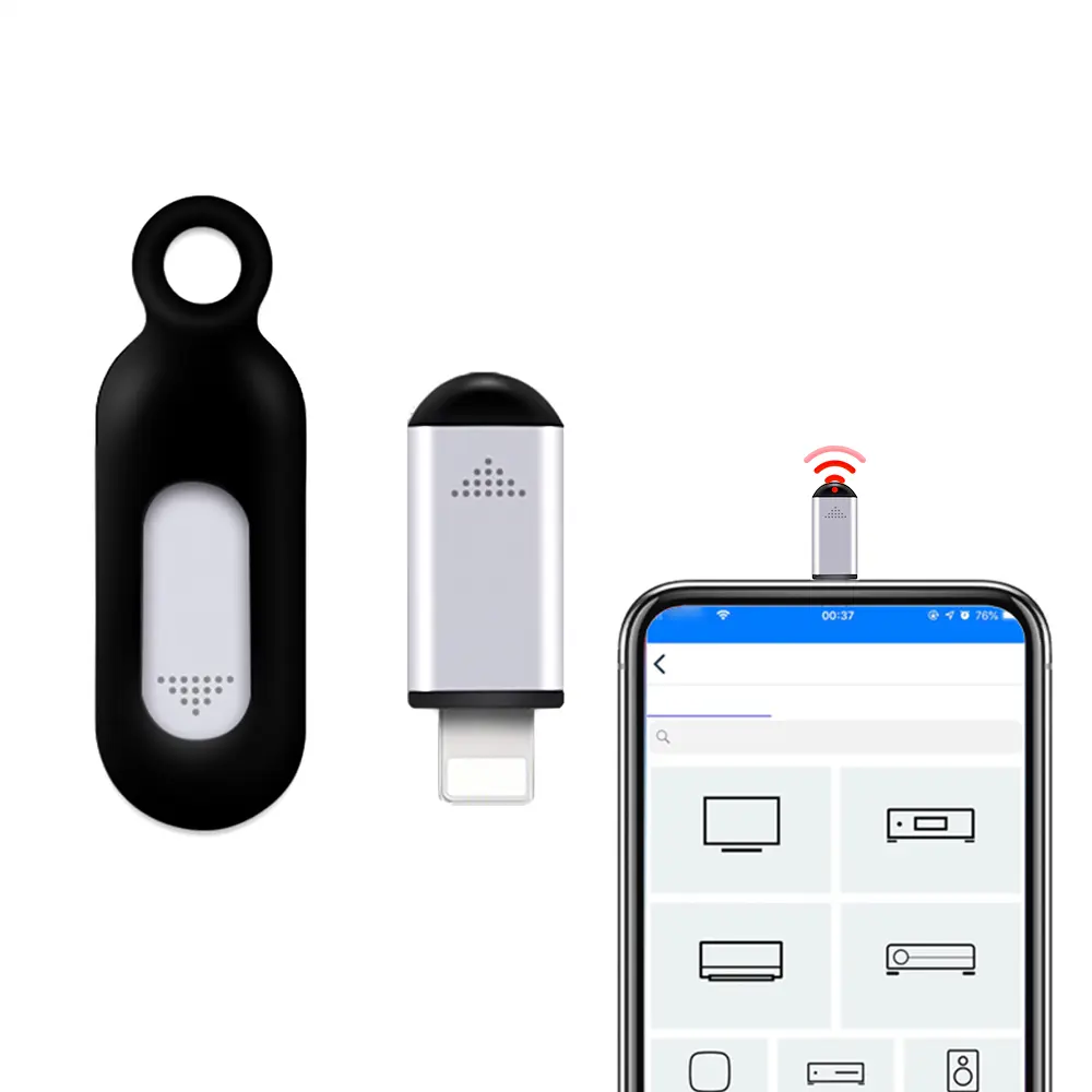 Universal Mini Smart Phone Infrared Transmitter Remote Controller with Built-in Keychain Holder, Micro USB, On Off Control, 3.1 * 1.1 * 0.6Cm, 1*Protective Sleeve, 1*Ring Buckle, for iOS Smartphones, TVs, Air Conditioners