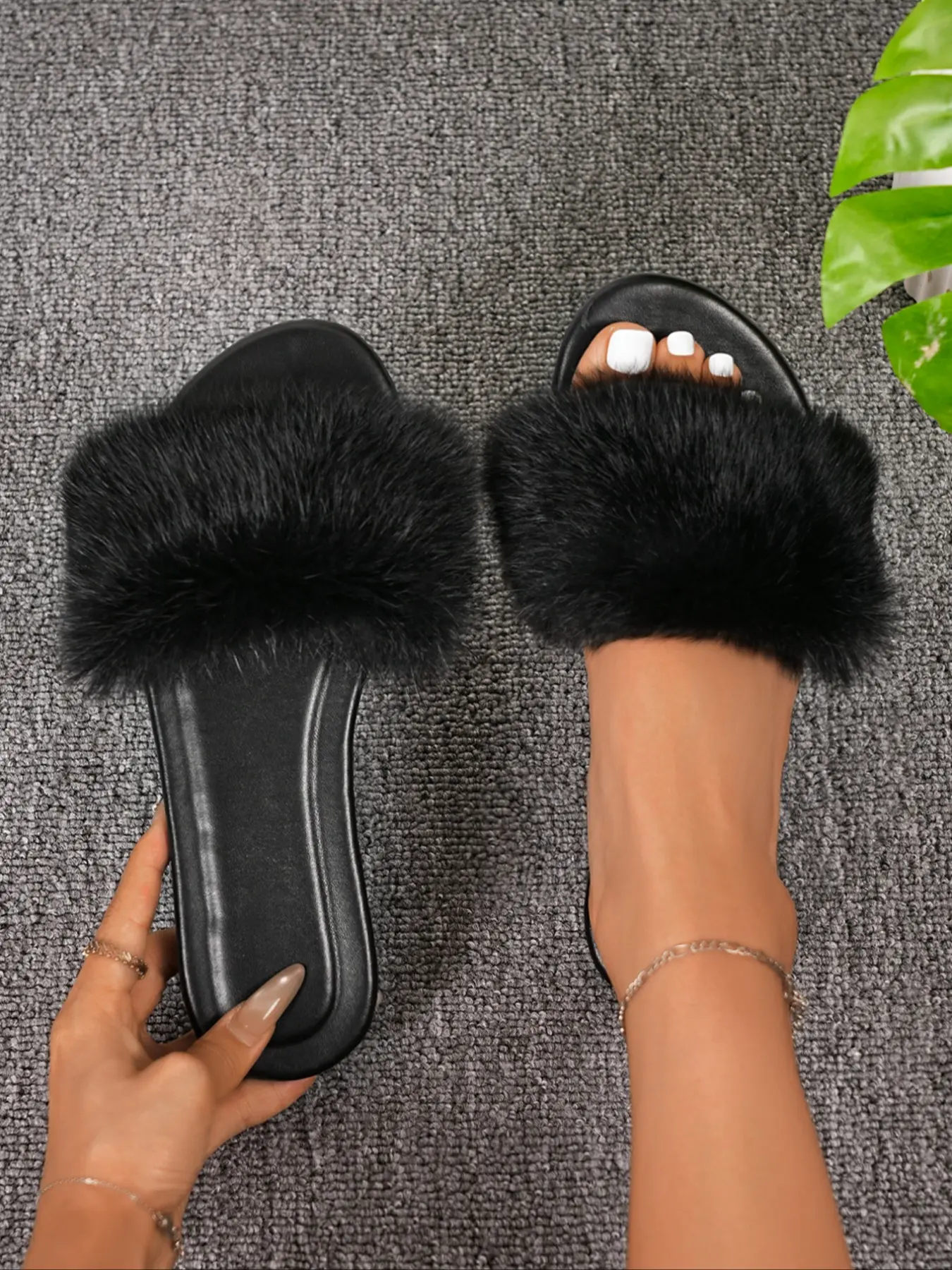 Women's Single Band Fluffy Faux Fur Flat Slide Sandals, Open Toe Slip On Soft Sole Mules, Lightweight Cushioned Insole Footwear, Anti-Slip Indoor Outdoor Daily Slippers, Lounge Street Fashion Versatile Plush Slides Casual Sandal