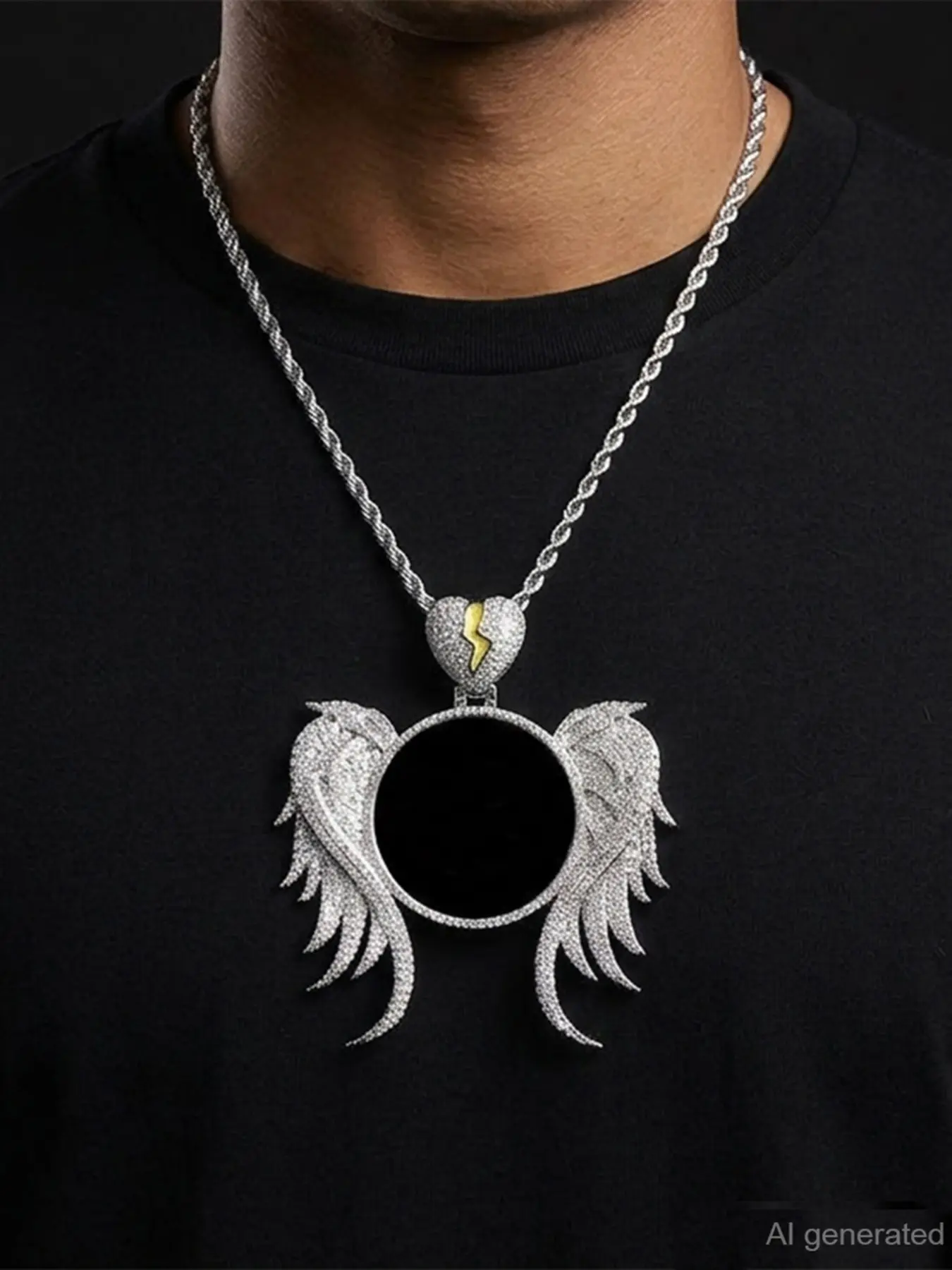 Iced Out Custom Photo Pendant Necklace for Men, Broken Heart Bail, Wing Down, 5a Cubic Zirconia, Hip Hop Jewelry, Stylish Accessory, Personalized Jewelry