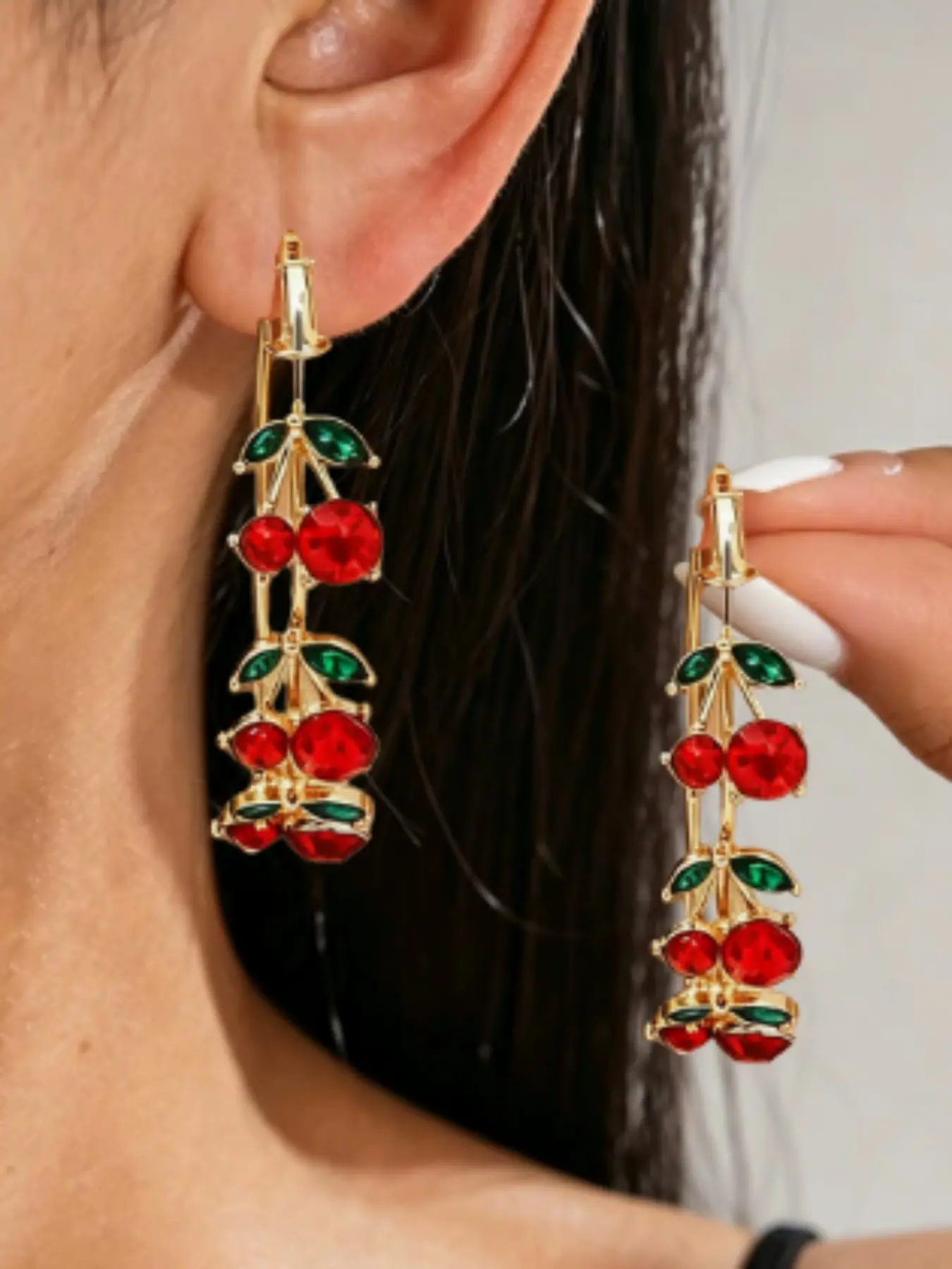 Trendy Sweet Fruit Series Cherry Earrings for Women, Fashionable Elegant Rhinestone Studs, Stylish Jewelry Accessory