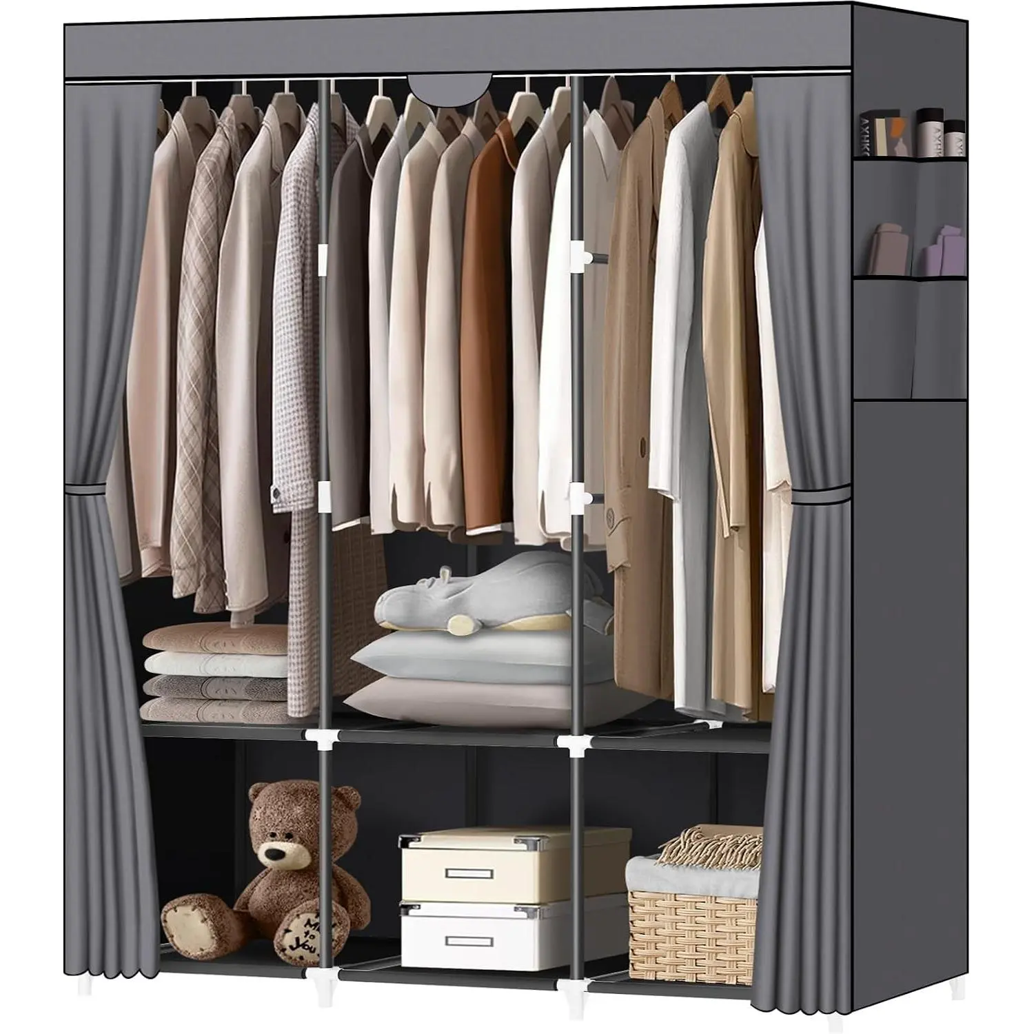 Portable Closet, Wardrobe Closet with 3 Hanging Rods and 6 Storage Shelves and 4 Side Pockets, Gray Portable Closets for Hanging Clothes Easy to Assemble and Strong and Stable