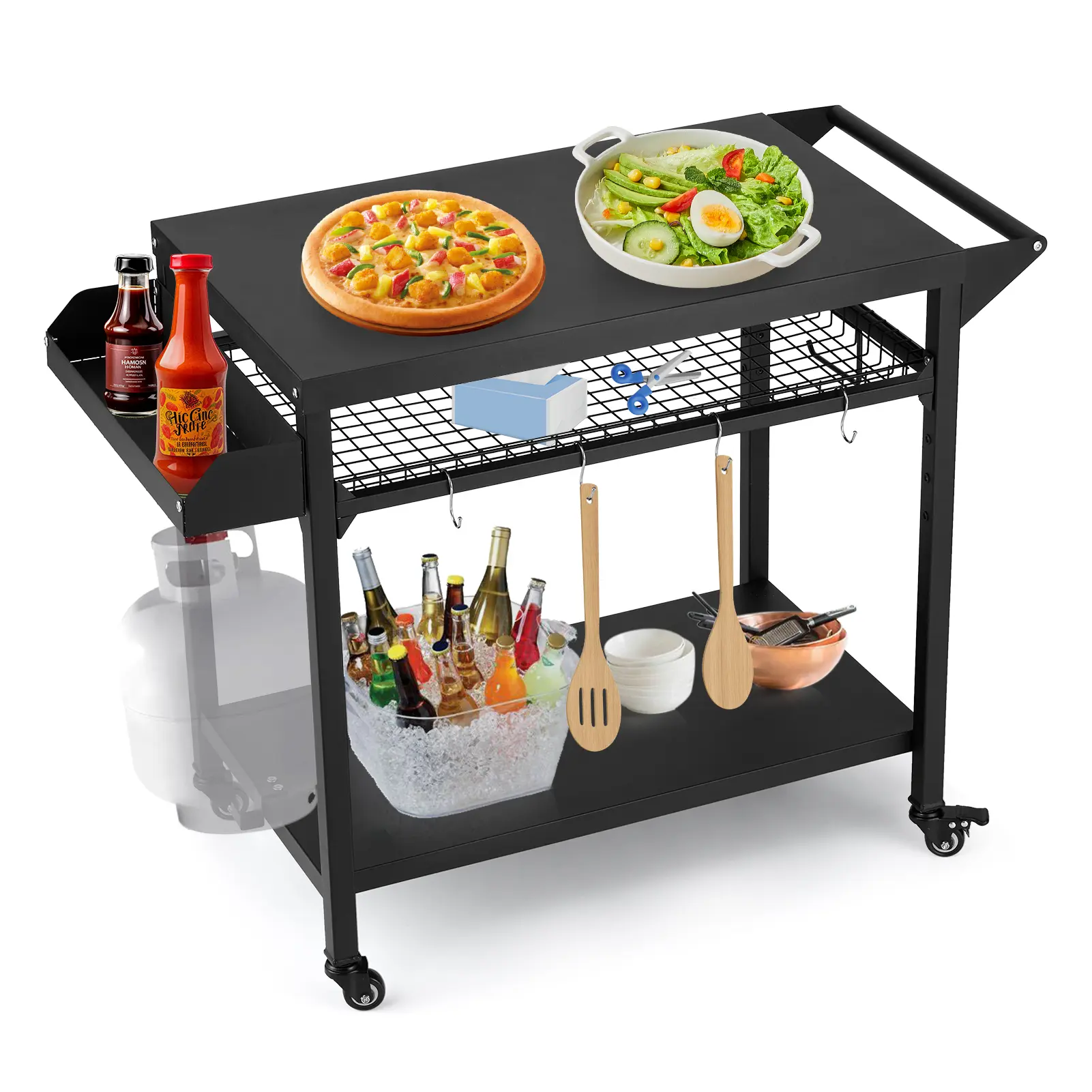 Garvee 2-Tier Outdoor Metal BBQ Grill Cart with Lockable Wheels - Prep & Serving Table, Side Mesh Shelf, 8 Hooks - Movable Island & Pizza Oven Stand for Patio, Camping, Parties