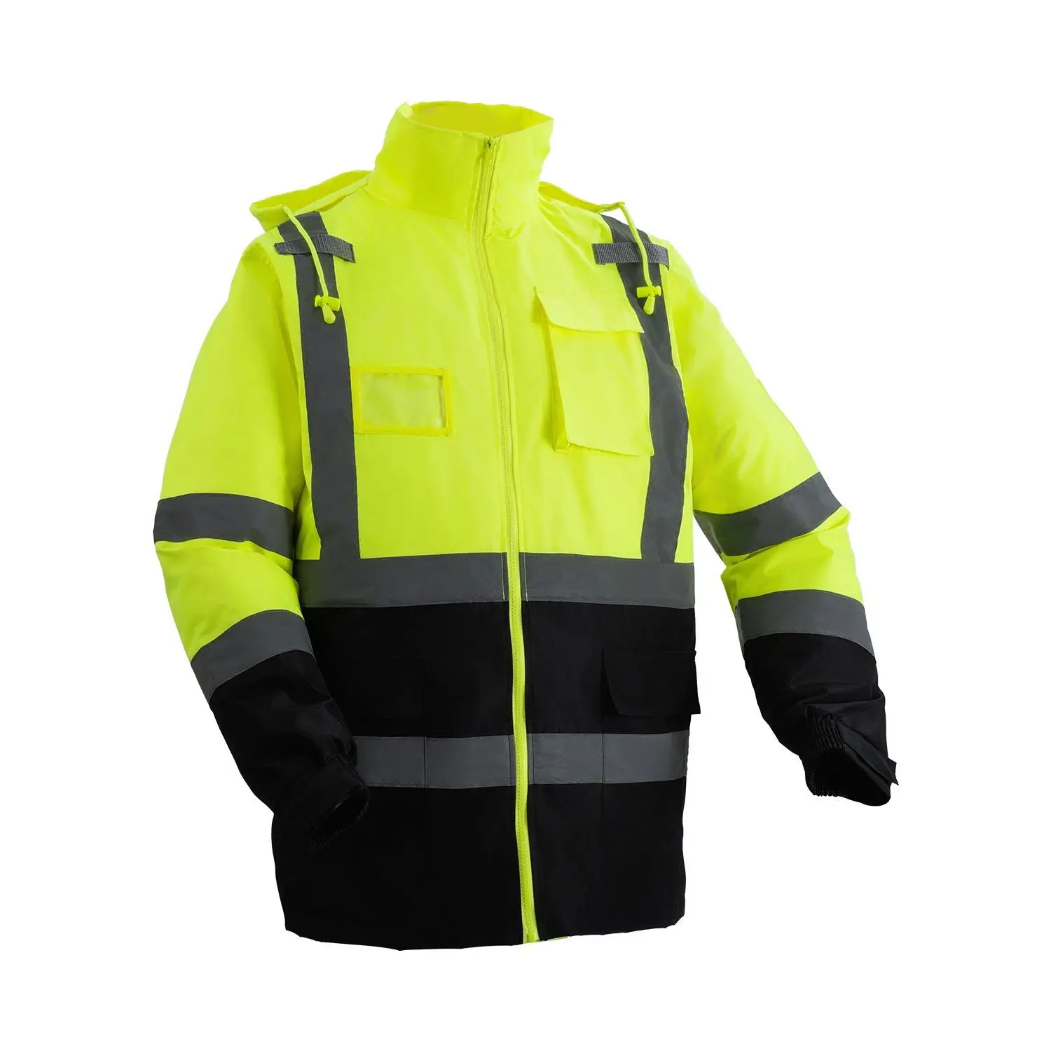 VEVOR ANSI Class 3 High Visibility Reflective Polyester Safety Jacket - Waterproof Outdoor Hoodie, Work Construction Coat with Pockets for Men, Hi Vis Yellow with Black Bottom, L Size Safety Clothes