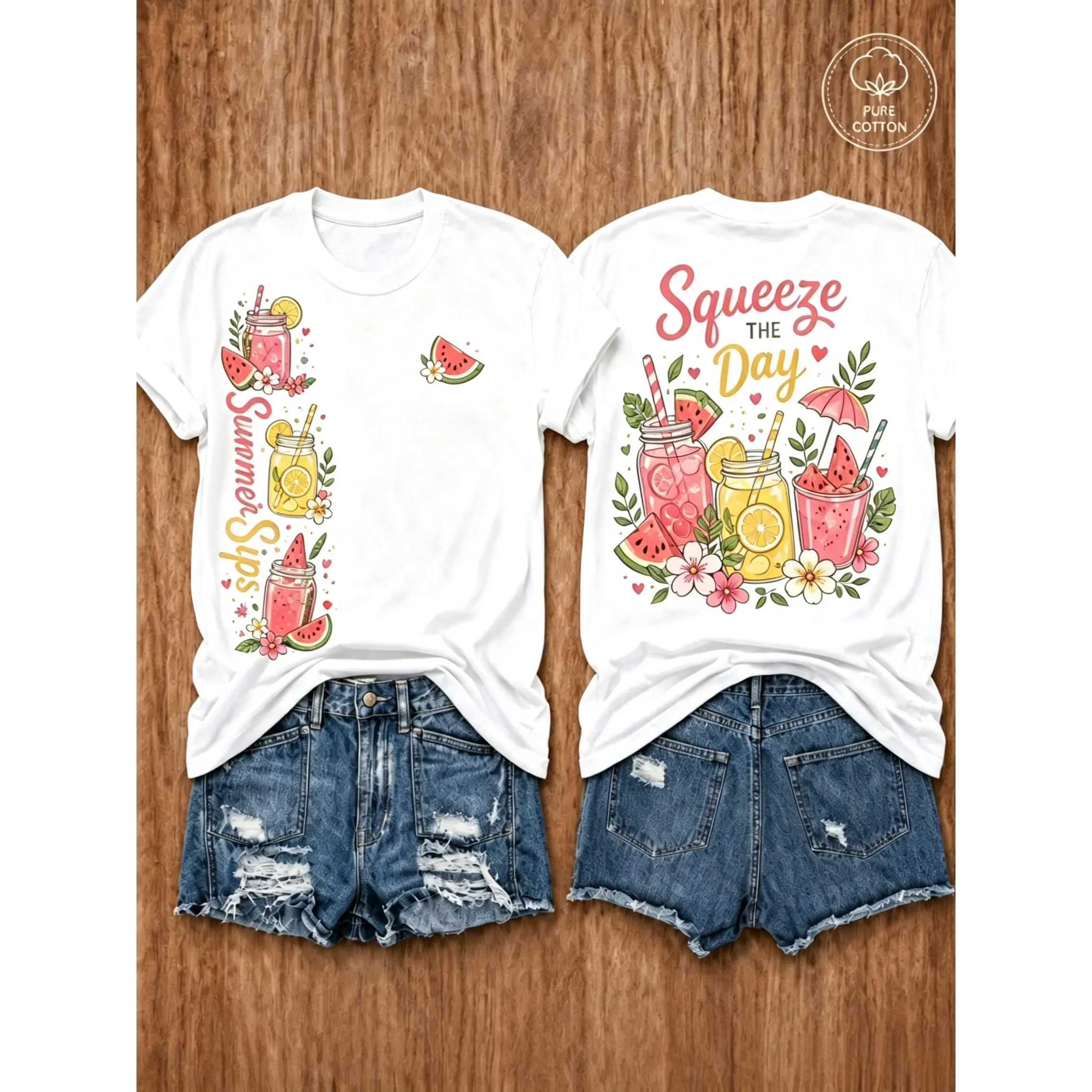 Women'S Lemonade Summer Graphic T-Shirt, Crew Neck Short Sleeve Casual Vacation Tee,Front Vertical Summer Sips Fruit Jar Letter & Mini Watermelon Chest Logo Back Squeeze The Day Lemon Watermelon Drink Graphic Tee,summer graphic tees,funny t shirt