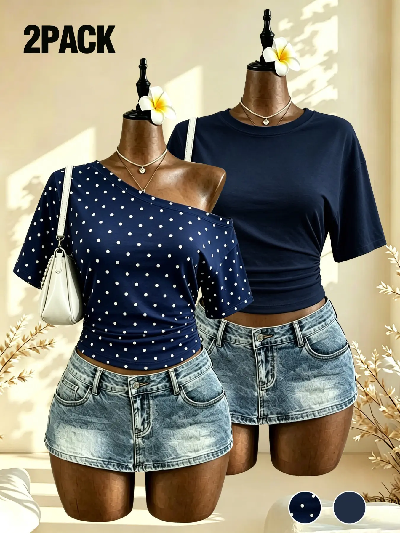 2Pcs Women Off Shoulder Crop Tops Solid Polka Dot Leopard Print Crew Neck Drop Shoulder Tees Summer Casual Daily Outdoor Basic Short Sleeves T Shirts For Young Ladies Multi Colors Casual Everyday Wear