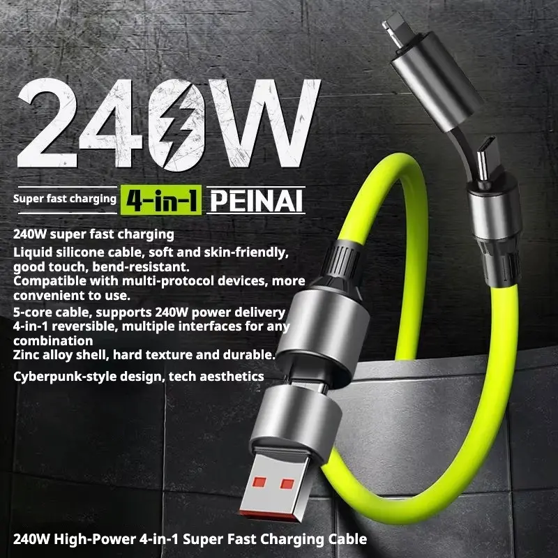 4-in-1 Multi USB Charging Cable, 240W Super Fast Silicone Type-C & Lightning Cord for iPhone, Samsung Android, Laptops, Devices & Travel