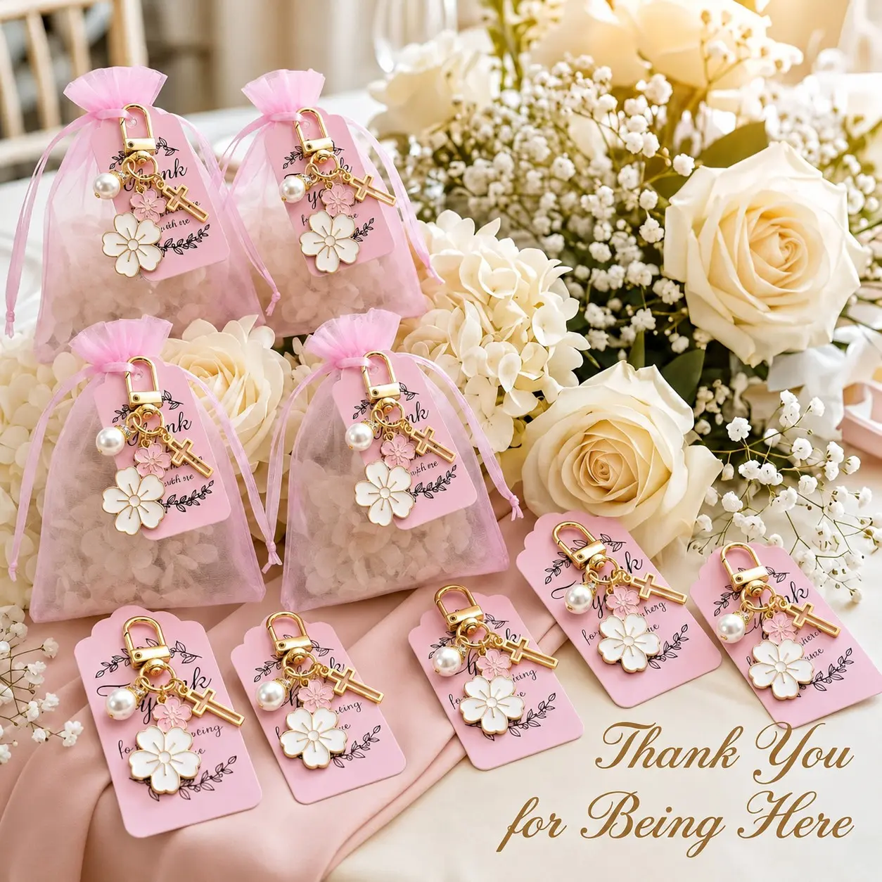 10 sets Floral Cross Keychain Party Favors, Pink Religious Keepsake Gifts with Organza Bags and Thank You Tags, Christian Baby Shower Favors for Guests, Baptism Christening Communion Gifts, Wedding Shower Favors and Special Celebration Souvenirs