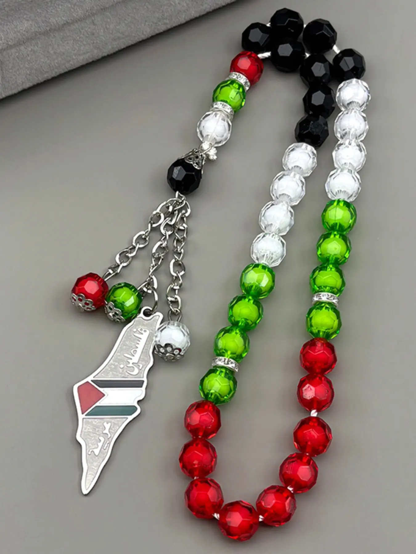 Palestine Map Flag Arabic Letter Car Pendant for Women Men Stainless Steel Silver Color Country Colorful Prayer Beads
