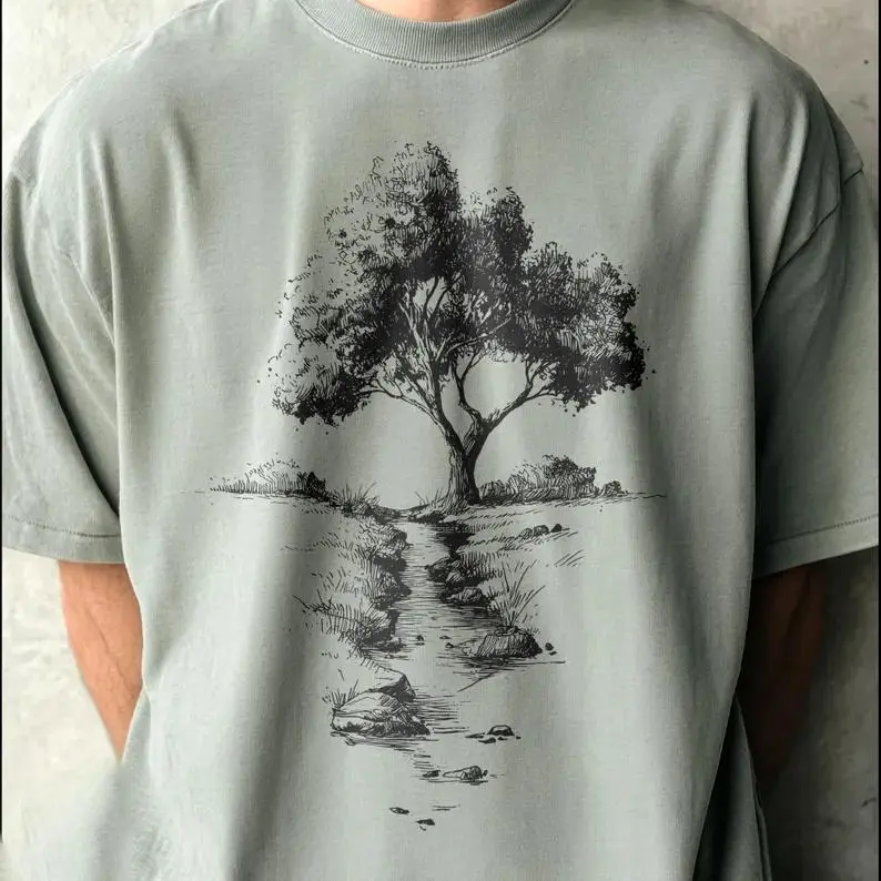 Menswear Round Neck Loose Fit Graphic T-Shirt - Tree Creek Nature Sketch Printed Garment, Soft Breathable Fabric Short Sleeve Top, Trendy Outdoor Everyday Wear For Men, Summer Wilderness Minimal Art Casual Outfit