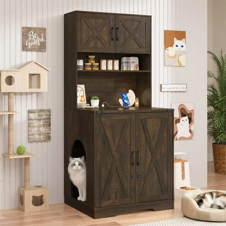 71" Wooden Litter Box Enclosure - Hidden Cabinet With Power Outlets & Lock, Open Shelves Living Room/Bedroom