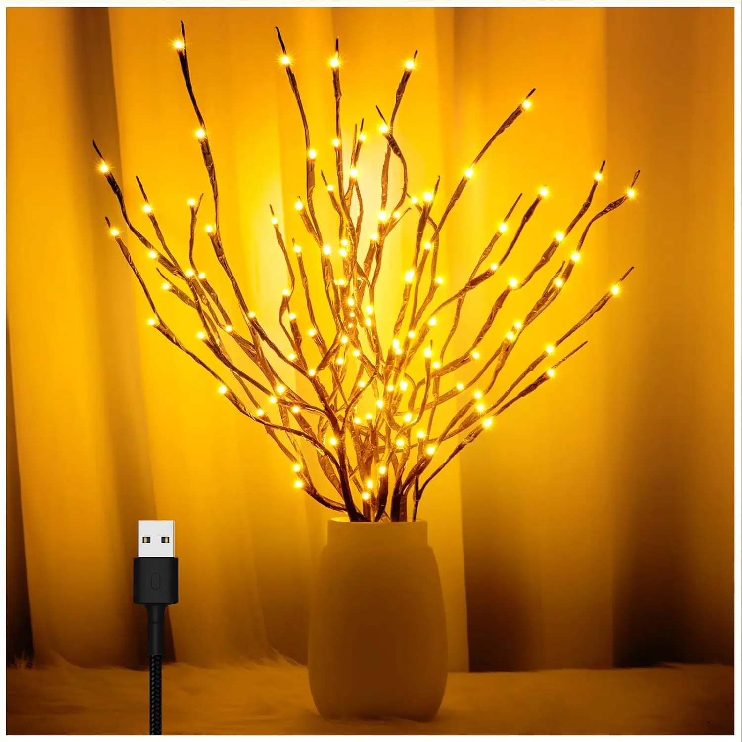 3PK 60" Led Twig Lights Willow Lighted Branch for Vase with USB Plug | Artificial Tree DIY Decorative Light for Halloween Thanksgiving Day and Christmas,Warm White