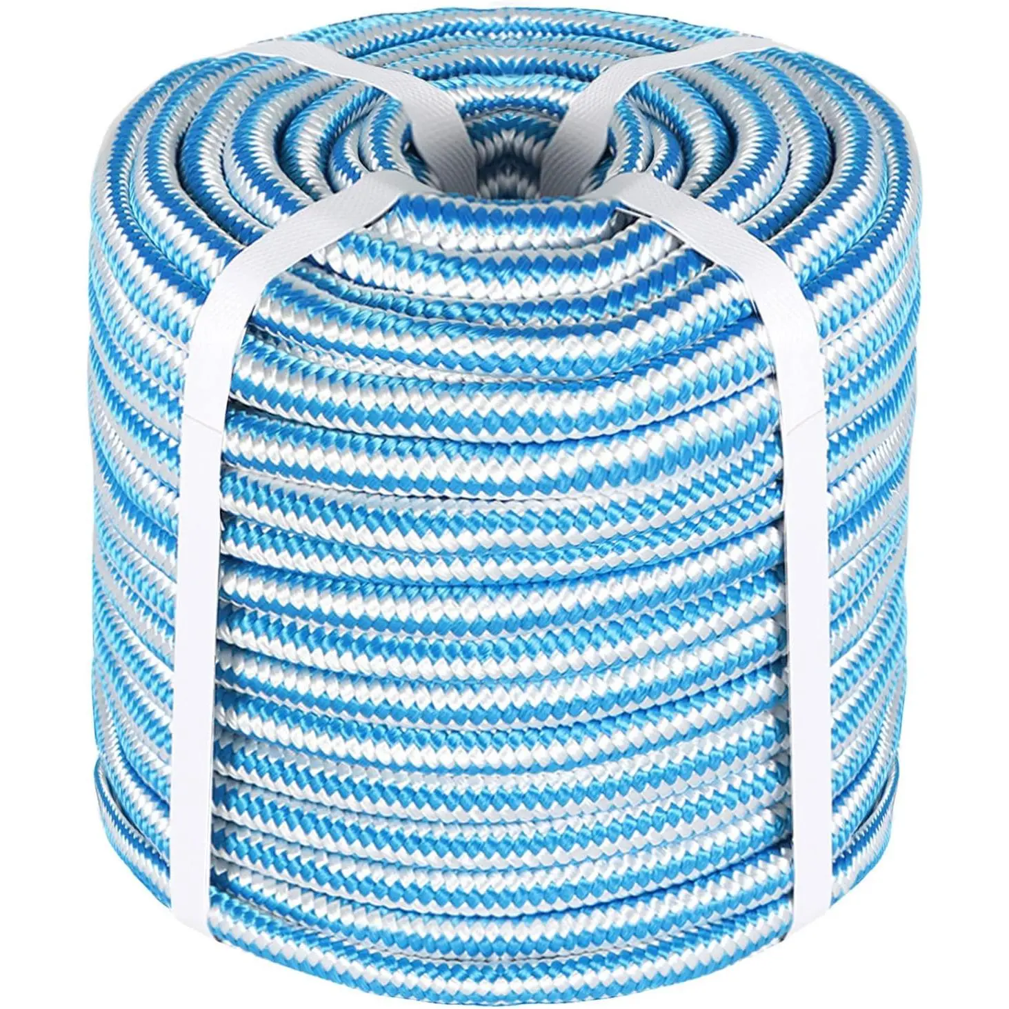 16-Strand Braid Polyester Rope, 1/2 in x 150 ft Blue White Pulling Cord for Arborist Bull Rigging, Multipurpose Outdoor Climbing Equipment