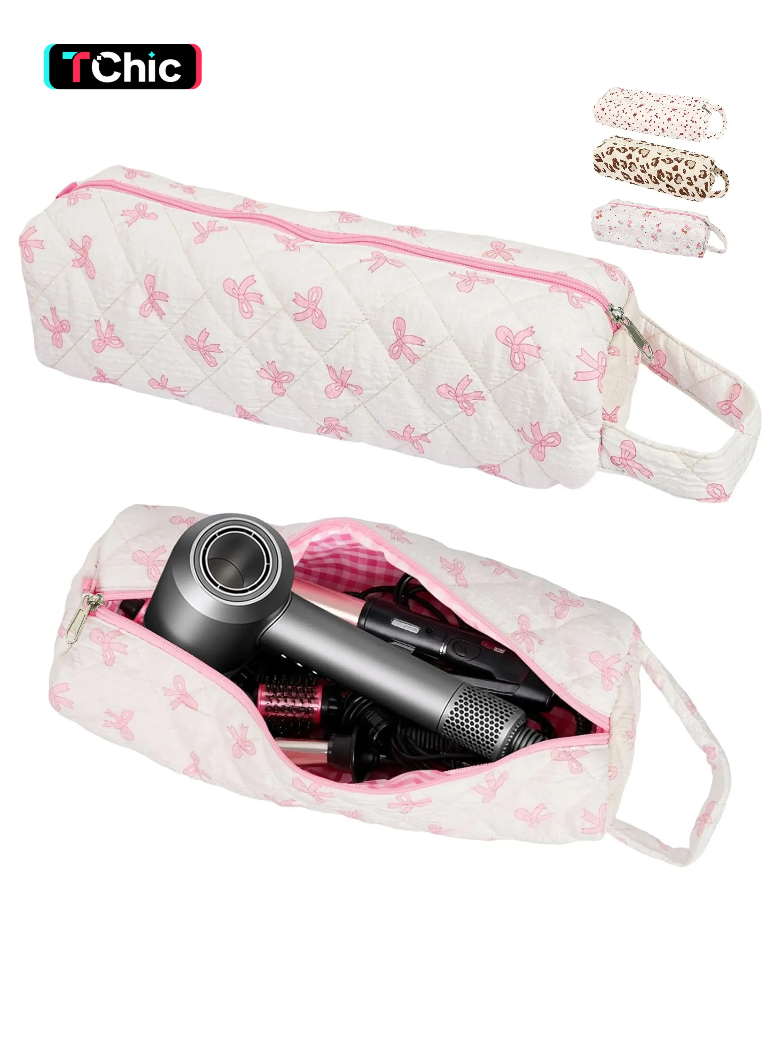 Hair Tools Travel Bag, Cute Compact Quilted Polyester Case Leopard Print Compatible with Dyson Airwrap & Shark Flexstyle, Curling Iron & Flat Iron Storage Organizer, 14" Portable Hair Accessories Bag