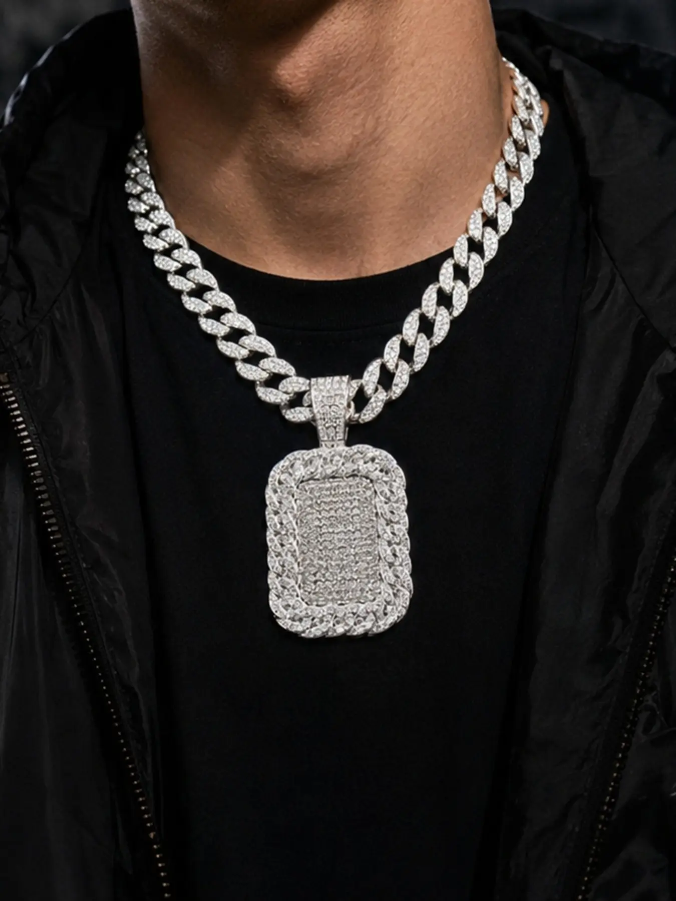 Hip Hop Rhinestone Square Dog Tag Pendant Cuban Chain, Unisex Double Layer Zircon Necklace, Streetwear Jewelry