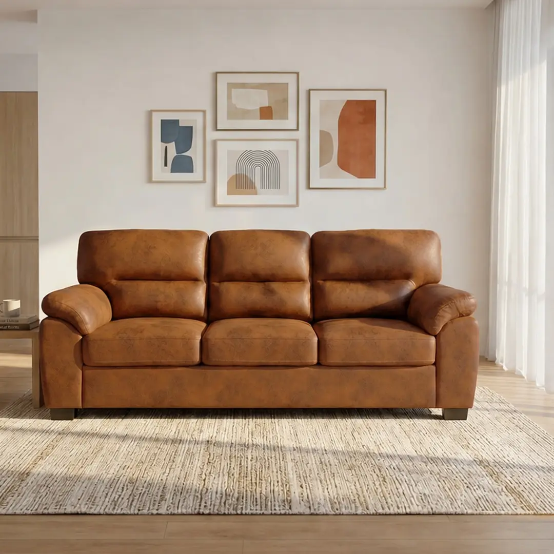 ARCH Modern 81" Foil Fabric 3-Seater Sofa with Pillow Top Armrests and Black Legs, Mid-Century Couch for Living Room, Multiple Color Options, Polyester Upholstered Cushion Back Sofa, Black/Camel/Dark Brown/Dark Gray Color Options, Wood+Fabric Materia