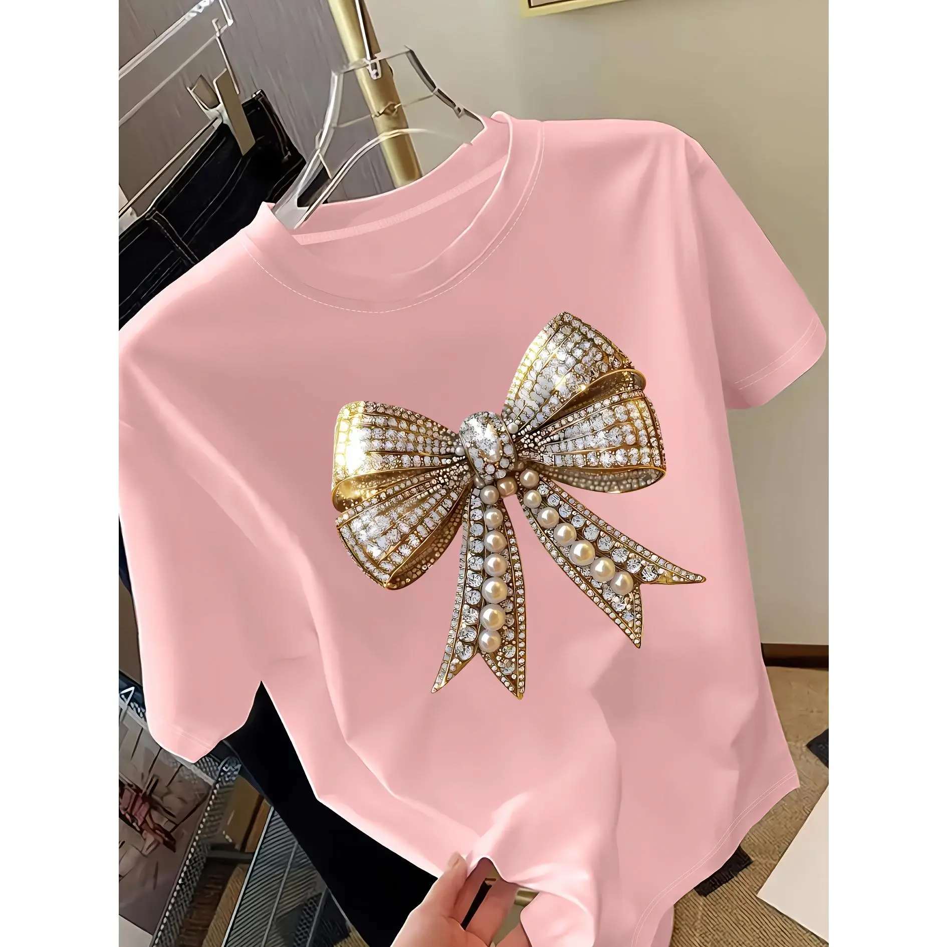 Women'S Y2K Bow Printed T-Shirt - Short Sleeve Round Neck T-Shirt with Sparkling Decorative Pattern, Spring/Summer Casual Round Neck Top, Women'S T-Shirt, Regular Style