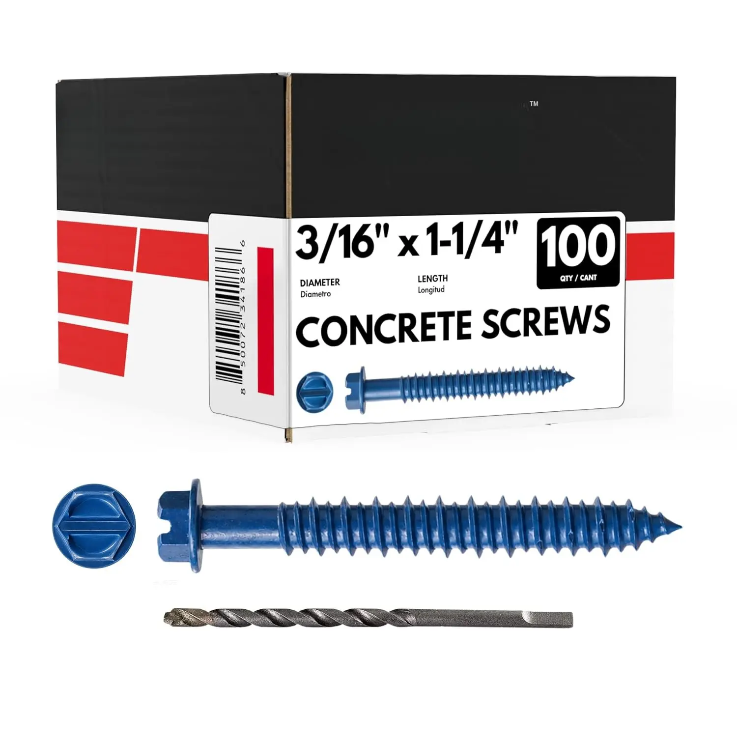 3/16" x 1-1/4" Hex  Blue Concrete Screws with Drill Bit (Box of 100) | 3/16 Concrete Screws | Hex Masonry Screws for Concrete, Block, Brick and Stucco Masonry