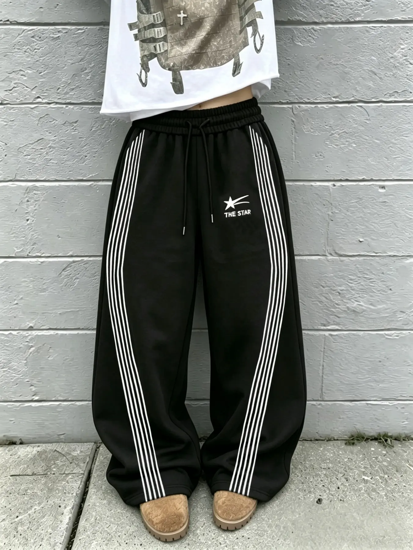 New Men's Retro Vintage Streetwear Wide-Leg Sweatpants, Drawstring Waist, Stripes, Star Letter Print, Loose Fit, Hip-Hop Casual Long Pants