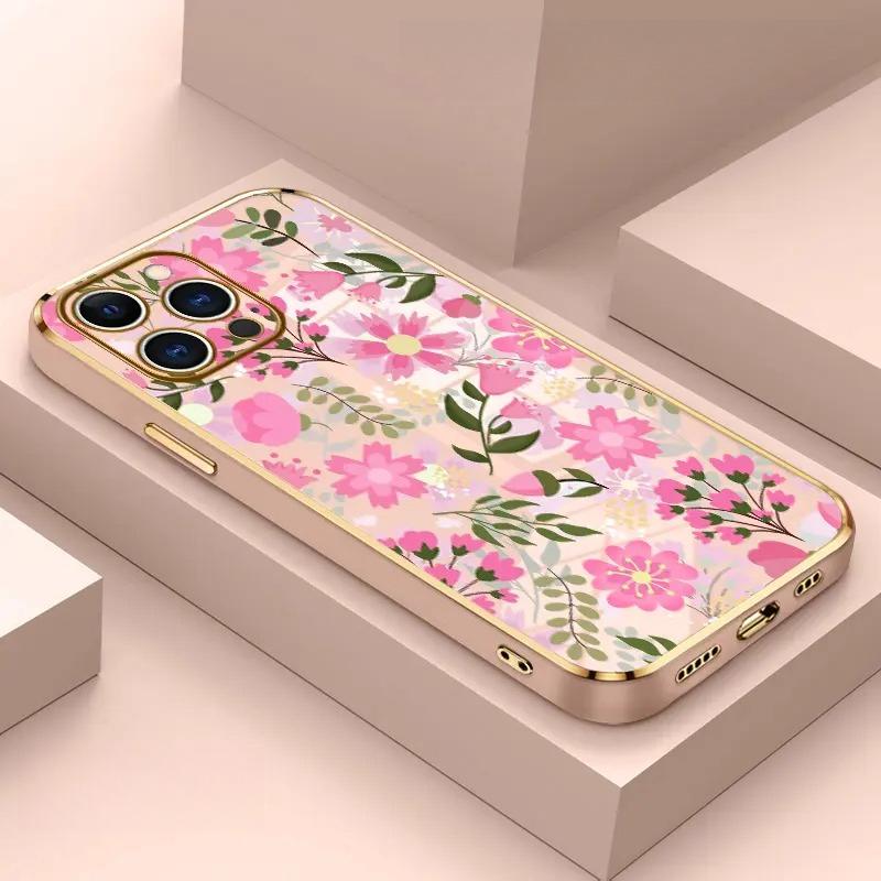 Phone Case  Floral Delight Dream Luxury Golden Edge Elecroplated TPU Camera Lens Protection Shockproof Phone Cover Gift Smartphone Casing for iPhone 17 15 Pro Max 16 14 Plus 13 12 Pro Max