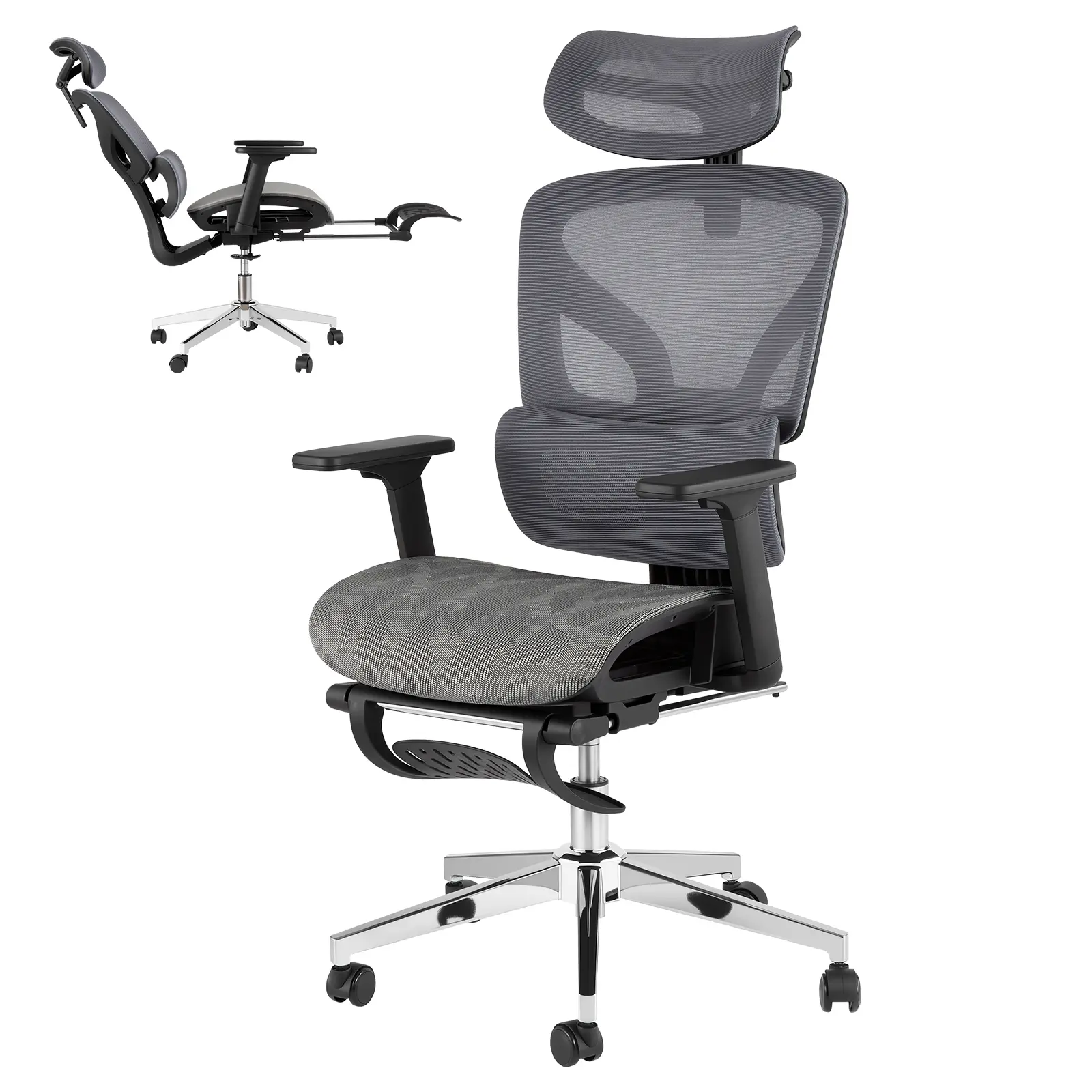 Reclining High Back Mesh Chair for Home Office, Equipped with Footrest, Adjustable Arm Rests and Dynamic Lumbar Support, Rolling Casters Ergonomic Desk Seat
