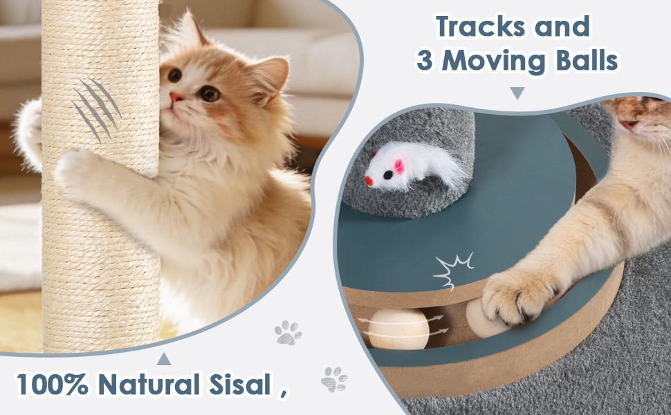31.5" Tall Cat Scratching Post, Natural Sisal Scratcher with Large Plush Base & Interactive Toys for All Cats,Grey
